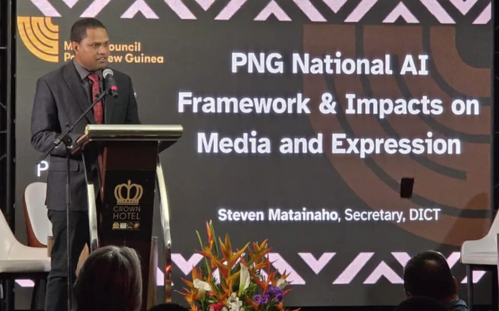 DICT Secretary Steven Matainaho outlines PNG's sovereign AI framework at Media Summit 2026. Photo: PNG Department of ICT
